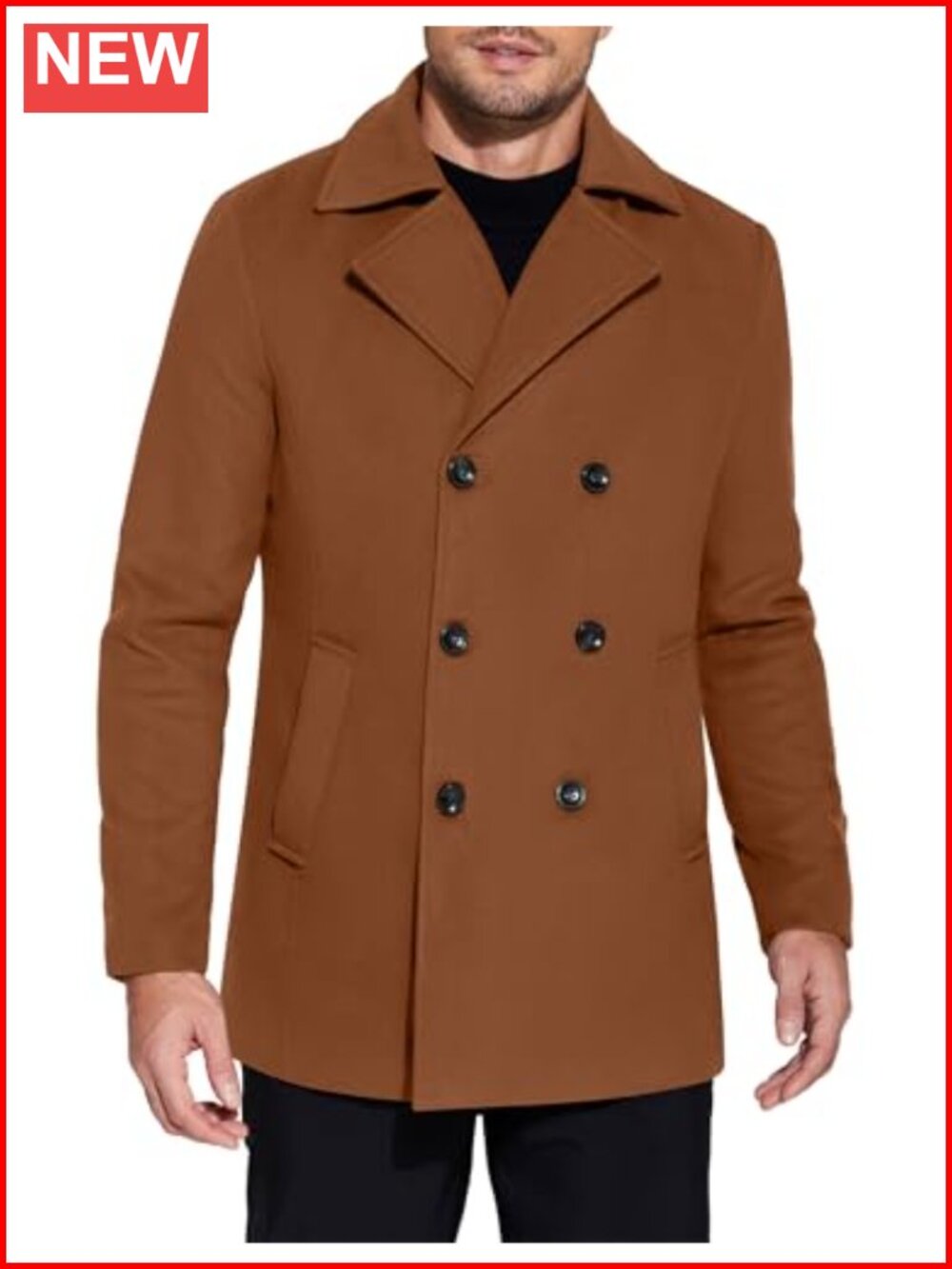 Men's Double Breasted Pea Coat Winter Overcoat Short Trench Coat Notched Collar